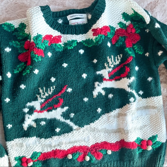 Knit Pull Over Ugly Christmas sweater Holiday Party, Reindeer Red, Green, White - Picture 2 of 13